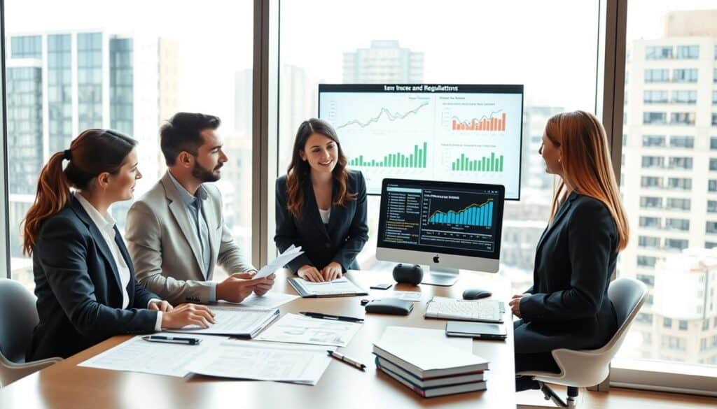 A professional and informative scene illustrating car insurance. In the foreground, a diverse group of three professionals in business attire—one male and two females—engaged in a discussion around a table with insurance policy documents spread out. In the middle ground, a computer screen displays graphs and legal regulations related to insurance claims. In the background, a large window shows an urban setting, hinting at the complex relationship between insurance and law. The lighting is bright and natural, creating a clear and focused atmosphere. The angle is slightly elevated, providing a comprehensive view of the team’s collaborative efforts. The overall mood conveys diligence and professionalism, emphasizing the impact of legal regulations on insurance decisions. A professional and informative scene illustrating car insurance. In the foreground, a diverse group of three professionals in business attire—one male and two females—engaged in a discussion around a table with insurance policy documents spread out. In the middle ground, a computer screen displays graphs and legal regulations related to insurance claims. In the background, a large window shows an urban setting, hinting at the complex relationship between insurance and law. The lighting is bright and natural, creating a clear and focused atmosphere. The angle is slightly elevated, providing a comprehensive view of the team’s collaborative efforts. The overall mood conveys diligence and professionalism, emphasizing the impact of legal regulations on insurance decisions.