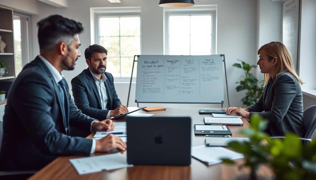 A professional and supportive office environment focused on providing recommendations for accident victims. In the foreground, a diverse group of three individuals—two men and one woman—dressed in smart business attire, engaged in a discussion around a table filled with documents and laptops. The middle area features a whiteboard with charts and bullet points outlining key recommendations, while a soothing color palette of blues and greens creates a calm atmosphere. In the background, soft natural light streams through large windows, illuminating the space. The scene conveys a sense of hope and guidance, reflecting a collaborative effort to empower those affected by insurance claims. Capture it with a shallow depth of field to emphasize the group at the table. A professional and supportive office environment focused on providing recommendations for accident victims. In the foreground, a diverse group of three individuals—two men and one woman—dressed in smart business attire, engaged in a discussion around a table filled with documents and laptops. The middle area features a whiteboard with charts and bullet points outlining key recommendations, while a soothing color palette of blues and greens creates a calm atmosphere. In the background, soft natural light streams through large windows, illuminating the space. The scene conveys a sense of hope and guidance, reflecting a collaborative effort to empower those affected by insurance claims. Capture it with a shallow depth of field to emphasize the group at the table.