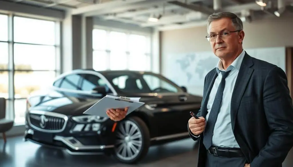 A professional auto appraiser, portraying the role of "rzeczoznawca MOTOEXPERT," stands confidently in an elegantly designed office space. In the foreground, the appraiser, a middle-aged man wearing a tailored suit, examines a car's condition, holding a clipboard and a measuring tool, representing thorough analysis. In the middle ground, a sleek, high-end vehicle is displayed under soft, diffused lighting, highlighting its gloss and fine details. The background features a modern office environment with large windows allowing natural light to pour in, and automotive charts or blueprints subtly visible. The atmosphere is one of professionalism and expertise, conveying trustworthiness and reliability in vehicle valuation.