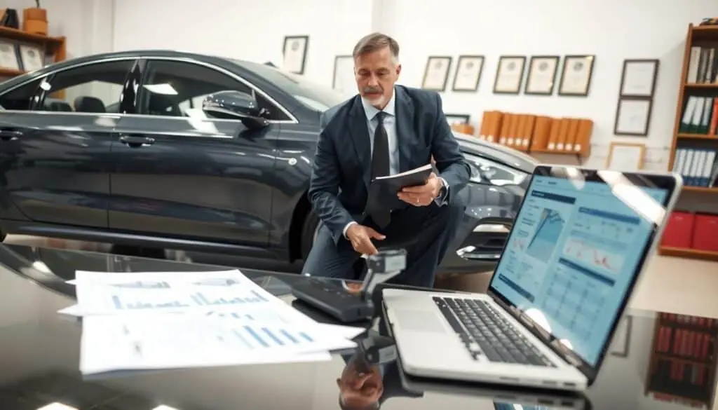 A professional automotive appraiser examining a car in a well-lit office environment. In the foreground, a middle-aged male expert in a tailored suit is kneeling beside a shiny sedan, meticulously inspecting the vehicle's bodywork. He has a focused expression on his face, holding a clipboard in one hand and pointing at a specific area on the car with the other. In the middle ground, there are detailed automotive tools and charts spread across a polished desk, along with an open laptop displaying data on vehicle valuations. The background shows shelves filled with automotive reference books and framed certificates on the walls. The lighting is bright and neutral, creating a serious and professional atmosphere, with a slight lens focus on the appraiser and the car. A professional automotive appraiser examining a car in a well-lit office environment. In the foreground, a middle-aged male expert in a tailored suit is kneeling beside a shiny sedan, meticulously inspecting the vehicle's bodywork. He has a focused expression on his face, holding a clipboard in one hand and pointing at a specific area on the car with the other. In the middle ground, there are detailed automotive tools and charts spread across a polished desk, along with an open laptop displaying data on vehicle valuations. The background shows shelves filled with automotive reference books and framed certificates on the walls. The lighting is bright and neutral, creating a serious and professional atmosphere, with a slight lens focus on the appraiser and the car.