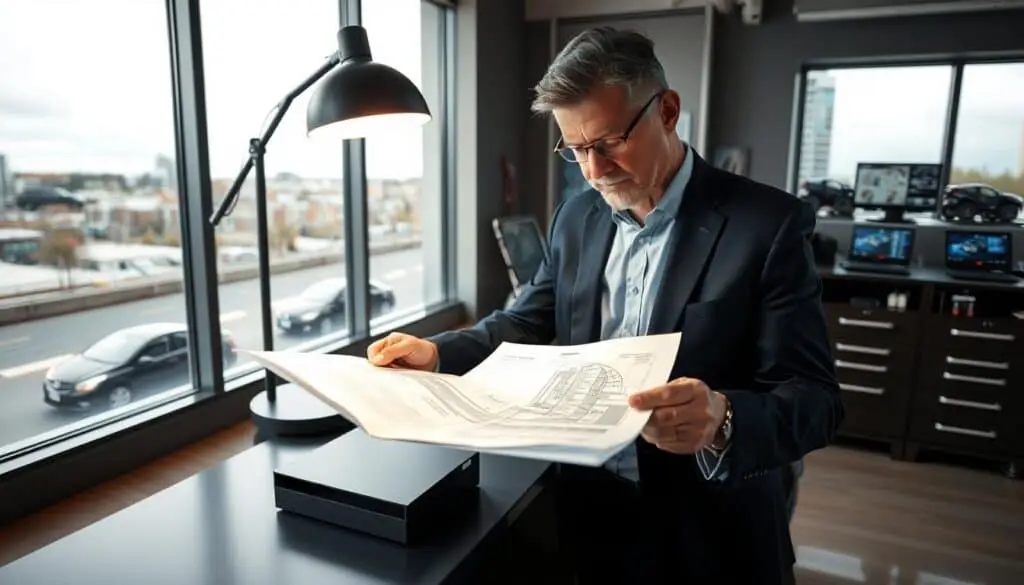A professional automotive appraiser in a modern office setting, examining a detailed vehicle inspection report on a sleek desk. The appraiser, a middle-aged man in a tailored navy suit, is intently focused on the document under a bright desk lamp, which casts a warm glow, emphasizing the serious nature of his work. In the background, a large window reveals a cityscape with cars passing by, while automotive tools and digital screens displaying vehicle data can be seen on a nearby cabinet. The atmosphere is professional and focused, capturing the essence of automotive evaluation. The composition is framed to highlight the appraiser in the foreground, with equipment subtly arranged in the background, all under soft, natural lighting to enhance clarity and detail.