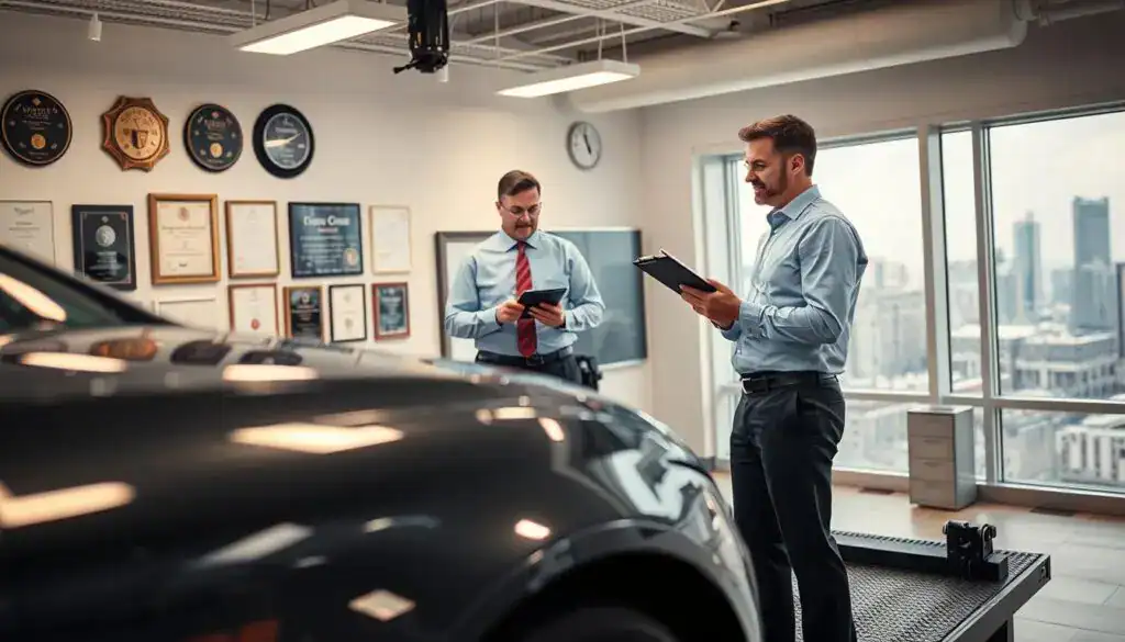 A professional automotive appraiser, wearing a light blue dress shirt and dark trousers, examines a vehicle in an office setting. The foreground features a sleek, modern car on a raised platform, its shiny surface reflecting overhead lights. In the middle ground, the appraiser is focused, using a clipboard to take notes on the car’s condition. Background displays awards and certifications on the wall, along with a large window showing a city skyline, letting in natural light. The scene conveys a sense of professionalism and expertise, with a warm, inviting atmosphere. Soft lighting enhances the clarity of the scene, creating a detailed and realistic representation of automotive appraisal. A professional automotive appraiser, wearing a light blue dress shirt and dark trousers, examines a vehicle in an office setting. The foreground features a sleek, modern car on a raised platform, its shiny surface reflecting overhead lights. In the middle ground, the appraiser is focused, using a clipboard to take notes on the car’s condition. Background displays awards and certifications on the wall, along with a large window showing a city skyline, letting in natural light. The scene conveys a sense of professionalism and expertise, with a warm, inviting atmosphere. Soft lighting enhances the clarity of the scene, creating a detailed and realistic representation of automotive appraisal.