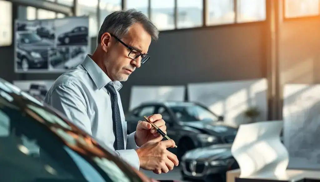 A professional automotive expert evaluating car damages in a modern office setting, surrounded by photographs of damaged vehicles and technical blueprints. The expert, a middle-aged person in formal business attire, is examining a car's bodywork with focused attention, using a measuring tool. The background features sleek office furniture and large windows allowing natural light to illuminate the room. Soft shadows enhance the depth, creating a serious yet optimistic atmosphere. The lens captures the expert in a mid-shot, emphasizing their concentration and expertise. The overall mood conveys professionalism and trust, highlighting the significance of thorough vehicle assessment in insurance claims. A professional automotive expert evaluating car damages in a modern office setting, surrounded by photographs of damaged vehicles and technical blueprints. The expert, a middle-aged person in formal business attire, is examining a car's bodywork with focused attention, using a measuring tool. The background features sleek office furniture and large windows allowing natural light to illuminate the room. Soft shadows enhance the depth, creating a serious yet optimistic atmosphere. The lens captures the expert in a mid-shot, emphasizing their concentration and expertise. The overall mood conveys professionalism and trust, highlighting the significance of thorough vehicle assessment in insurance claims.