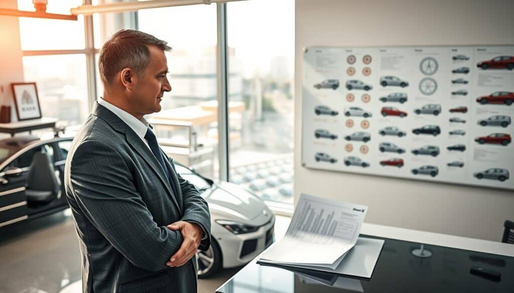 A professional automotive expert, the "rzeczoznawca MOTOEXPERT," stands confidently in a bright, modern office filled with technical equipment and vehicle models. In the foreground, the expert, a middle-aged man with short hair, is dressed in a sharp business suit, examining a car valuation report on a sleek desk. In the middle, the office is adorned with framed automotive certificates and a large window showing a vibrant urban landscape. The background features a large whiteboard filled with charts and images of automobiles, suggesting ongoing evaluations. Soft, natural light streams in through the window, casting a warm glow that enhances the professional atmosphere. The image captures a sense of expertise and seriousness essential for the valuation process in insurance claims.