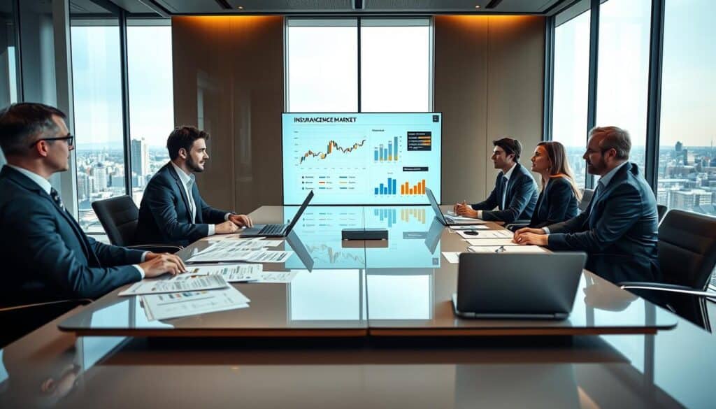 A professional business meeting set in a sleek, modern conference room, illustrating the analysis of the insurance market in Germany. The foreground features a diverse group of four business professionals, dressed in sharp suits, engaged in a discussion around a large table covered with documents, charts, and laptops displaying data. In the middle, a digital screen shows graphs and market trends related to the insurance industry, highlighting key statistics. The background features large windows showcasing a panoramic view of a city skyline, with soft natural light flooding the room, creating a focused yet optimistic atmosphere. Use a wide-angle lens to capture the entire scene, emphasizing collaboration and strategic analysis within a corporate setting.