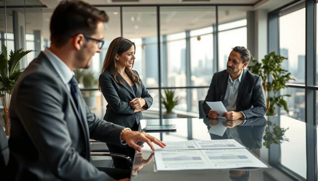 A professional business setting featuring two individuals in smart, business attire engaged in a discussion about insurance procedures. In the foreground, one person gesturally points at a document spread on a sleek conference table, highlighting key points of communication ethics with insurance companies. The middle ground showcases a modern office environment with glass walls and greenery. The background consists of a large window with a cityscape view, allowing natural light to illuminate the scene, creating a warm and inviting atmosphere. Soft focus on the background enhances the depth, while a slight tilt angle captures the dynamic interaction between the individuals. Overall mood conveys professionalism, clarity, and ethical responsibility in insurance communications. A professional business setting featuring two individuals in smart, business attire engaged in a discussion about insurance procedures. In the foreground, one person gesturally points at a document spread on a sleek conference table, highlighting key points of communication ethics with insurance companies. The middle ground showcases a modern office environment with glass walls and greenery. The background consists of a large window with a cityscape view, allowing natural light to illuminate the scene, creating a warm and inviting atmosphere. Soft focus on the background enhances the depth, while a slight tilt angle captures the dynamic interaction between the individuals. Overall mood conveys professionalism, clarity, and ethical responsibility in insurance communications.