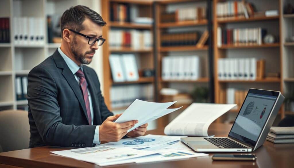 A professional business setting focusing on the psychological impact on claims processing. In the foreground, a well-dressed insurance adjuster analyzes documents with thoughtful expression, showcasing the emotional weight of decision-making. The middle ground features a table with various claim files, psychological diagrams, and a laptop displaying statistics, symbolizing the analysis of human behavior in claims. In the background, a blurred office environment with shelves containing books on psychology and insurance, enhancing the atmosphere of expertise and seriousness. The lighting is soft and warm, creating an inviting yet focused mood, with a slight depth of field effect to draw attention to the adjuster while keeping the background subtly in focus.