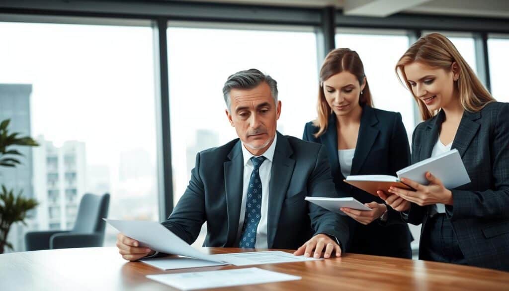 A professional consultation scene featuring a group of three individuals in a well-lit office environment. In the foreground, a middle-aged man in a sharp suit is seated at a modern wooden table, looking thoughtful as he reviews documents. To his right, a woman in a tailored blazer, taking notes on a notepad, exudes confidence and professionalism. In the background, a large window reveals a cityscape, with soft, natural light illuminating the space and creating a warm atmosphere. The overall mood is one of focus and collaboration, emphasizing the importance of strategic advice in personal matters. The angle captures the interaction, highlighting engagement and expertise, with no visible distractions in the frame. A professional consultation scene featuring a group of three individuals in a well-lit office environment. In the foreground, a middle-aged man in a sharp suit is seated at a modern wooden table, looking thoughtful as he reviews documents. To his right, a woman in a tailored blazer, taking notes on a notepad, exudes confidence and professionalism. In the background, a large window reveals a cityscape, with soft, natural light illuminating the space and creating a warm atmosphere. The overall mood is one of focus and collaboration, emphasizing the importance of strategic advice in personal matters. The angle captures the interaction, highlighting engagement and expertise, with no visible distractions in the frame.