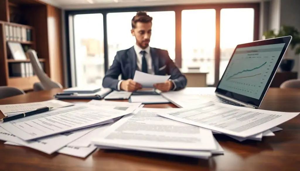 A professional desk scene featuring a collection of documents required for an insurance valuation. In the foreground, neatly arranged papers such as reports, valuation forms, and identification documents are spread out on a wooden desk. A sleek laptop with an open screen showing a financial analysis table sits next to the papers. In the middle background, a stylish business professional in a suit is reviewing the documents with a focused expression, with a pen in hand ready to jot down notes. The background is softly blurred, showcasing a modern office environment with a large window letting in natural light, creating a warm and inviting atmosphere. The overall mood conveys diligence and attention to detail in the valuation process. A professional desk scene featuring a collection of documents required for an insurance valuation. In the foreground, neatly arranged papers such as reports, valuation forms, and identification documents are spread out on a wooden desk. A sleek laptop with an open screen showing a financial analysis table sits next to the papers. In the middle background, a stylish business professional in a suit is reviewing the documents with a focused expression, with a pen in hand ready to jot down notes. The background is softly blurred, showcasing a modern office environment with a large window letting in natural light, creating a warm and inviting atmosphere. The overall mood conveys diligence and attention to detail in the valuation process.