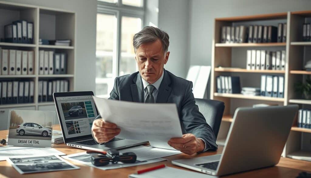 A professional insurance adjuster analyzing a vehicle damage claim in a well-lit office setting, showcasing a desktop filled with paperwork, photographs of the damaged vehicle, and a laptop displaying assessment software. The adjuster, a middle-aged man in a tailored suit, is attentively examining a document with a focused expression. In the background, shelves with books on insurance policies and damage evaluation tools create a scholarly atmosphere. Natural light filters through a large window, casting soft shadows that enhance the professional ambiance. The overall mood is serious and contemplative, embodying diligence and expertise in the claims process. A professional insurance adjuster analyzing a vehicle damage claim in a well-lit office setting, showcasing a desktop filled with paperwork, photographs of the damaged vehicle, and a laptop displaying assessment software. The adjuster, a middle-aged man in a tailored suit, is attentively examining a document with a focused expression. In the background, shelves with books on insurance policies and damage evaluation tools create a scholarly atmosphere. Natural light filters through a large window, casting soft shadows that enhance the professional ambiance. The overall mood is serious and contemplative, embodying diligence and expertise in the claims process.
