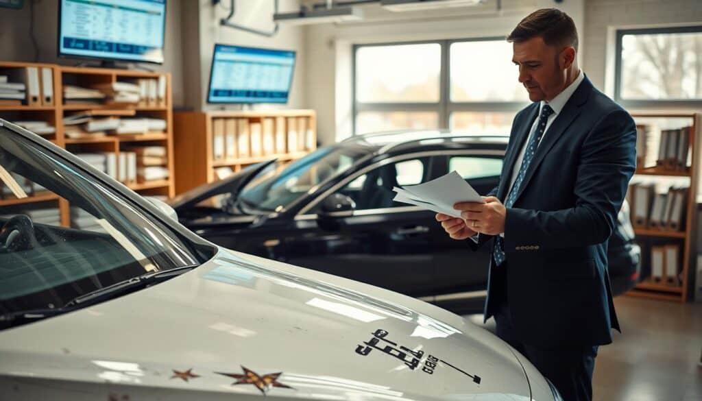 A professional insurance adjuster examines a damaged vehicle in an office setting, surrounded by paperwork and digital screens displaying claims data. In the foreground, the adjuster, dressed in business attire, is reviewing documents and making notes. The middle ground features a damaged car, with visible scratches and dents, under bright, focused lighting to emphasize the details of the damage. The background includes shelves filled with insurance files and a large window allowing natural light to flood the room, creating a serious yet organized atmosphere. The overall mood is analytical and meticulous, highlighting the serious process of claims handling in the insurance industry. The image should be sharp and clear, shot with a slight depth of field to direct focus on the adjuster and the damaged vehicle. A professional insurance adjuster examines a damaged vehicle in an office setting, surrounded by paperwork and digital screens displaying claims data. In the foreground, the adjuster, dressed in business attire, is reviewing documents and making notes. The middle ground features a damaged car, with visible scratches and dents, under bright, focused lighting to emphasize the details of the damage. The background includes shelves filled with insurance files and a large window allowing natural light to flood the room, creating a serious yet organized atmosphere. The overall mood is analytical and meticulous, highlighting the serious process of claims handling in the insurance industry. The image should be sharp and clear, shot with a slight depth of field to direct focus on the adjuster and the damaged vehicle.