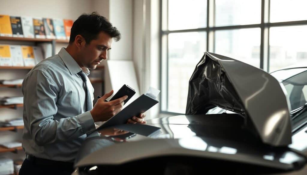 A professional insurance adjuster examining vehicle damage in an office setting. The foreground features a serious-looking adjuster, wearing professional attire, closely inspecting a wrecked car's hood with a clipboard and a digital camera in hand. In the middle ground, a large window offers a view of city buildings, casting soft, natural light that enhances the serious atmosphere. The background displays shelves lined with claim files and insurance brochures. The overall mood is analytical and focused, emphasizing the critical role insurance companies play in assessing damage claims. The image should capture the complexity of the damage assessment process, highlighting attention to detail and professionalism. A professional insurance adjuster examining vehicle damage in an office setting. The foreground features a serious-looking adjuster, wearing professional attire, closely inspecting a wrecked car's hood with a clipboard and a digital camera in hand. In the middle ground, a large window offers a view of city buildings, casting soft, natural light that enhances the serious atmosphere. The background displays shelves lined with claim files and insurance brochures. The overall mood is analytical and focused, emphasizing the critical role insurance companies play in assessing damage claims. The image should capture the complexity of the damage assessment process, highlighting attention to detail and professionalism.