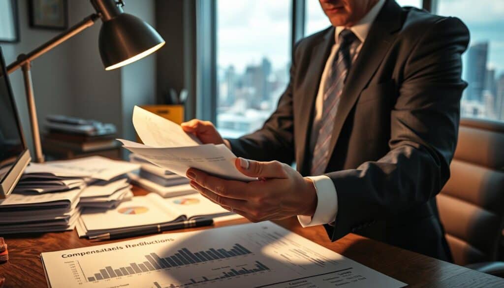 A professional insurance adjuster in formal business attire analyzing a stack of claim documents in a well-lit office. In the foreground, focus on a close-up of the adjuster’s hands holding a document, illuminated by a desk lamp that casts soft shadows. The middle ground features a cluttered desk with charts and graphs about compensation trends, emphasizing the theme of claim reductions. In the background, a large window shows a cityscape, suggesting a bustling urban environment. The atmosphere is serious and contemplative, reflecting the weight of financial decisions being made. Use sharp detail, natural lighting, and a slight depth of field to draw attention to the foreground elements. A professional insurance adjuster in formal business attire analyzing a stack of claim documents in a well-lit office. In the foreground, focus on a close-up of the adjuster’s hands holding a document, illuminated by a desk lamp that casts soft shadows. The middle ground features a cluttered desk with charts and graphs about compensation trends, emphasizing the theme of claim reductions. In the background, a large window shows a cityscape, suggesting a bustling urban environment. The atmosphere is serious and contemplative, reflecting the weight of financial decisions being made. Use sharp detail, natural lighting, and a slight depth of field to draw attention to the foreground elements.