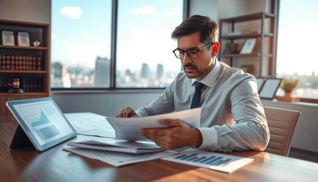 A professional insurance agent discussing a car accident at a modern office. In the foreground, a well-dressed agent, with a focused expression, examines accident-related documents spread out on a sleek wooden desk. The middle ground features a large window overlooking a cityscape with blue skies, hinting at a bright day. To the side, a digital tablet displays graphs and statistics related to insurance claims, emphasizing the analytical aspect of the insurance industry. In the background, subtle shelves with law books and framed certificates add authenticity to the setting. The lighting is warm and inviting, creating a serious yet approachable atmosphere, with soft shadows enhancing the professionalism of the scene. The image evokes a sense of trust and due diligence in the face of legal regulations impacting claim decisions. A professional insurance agent discussing a car accident at a modern office. In the foreground, a well-dressed agent, with a focused expression, examines accident-related documents spread out on a sleek wooden desk. The middle ground features a large window overlooking a cityscape with blue skies, hinting at a bright day. To the side, a digital tablet displays graphs and statistics related to insurance claims, emphasizing the analytical aspect of the insurance industry. In the background, subtle shelves with law books and framed certificates add authenticity to the setting. The lighting is warm and inviting, creating a serious yet approachable atmosphere, with soft shadows enhancing the professionalism of the scene. The image evokes a sense of trust and due diligence in the face of legal regulations impacting claim decisions.