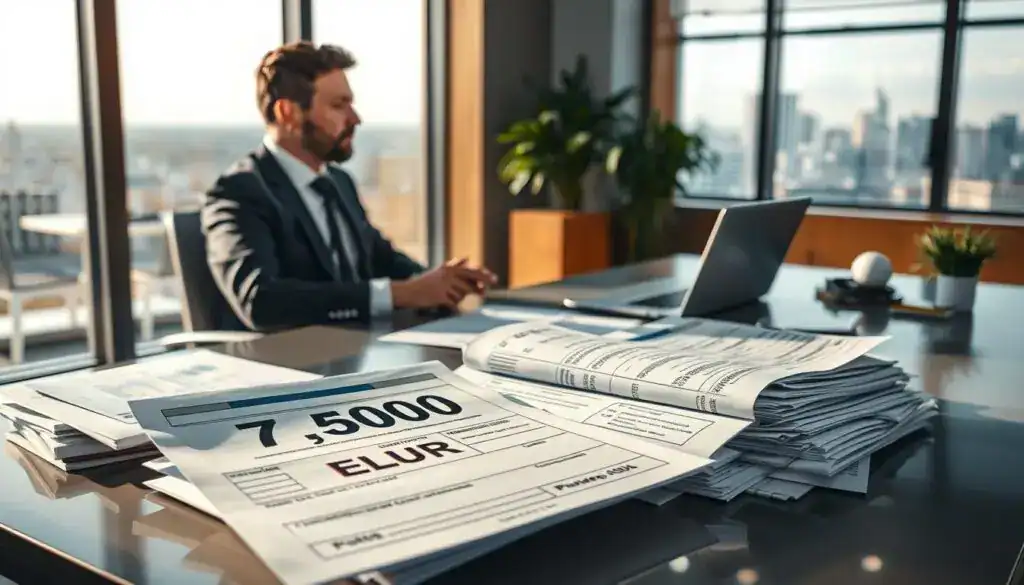 A professional insurance agent in business attire sits at a sleek, modern desk piled with papers and documents related to insurance quotes. In the foreground, a detailed visualization of a large, stylized insurance claim form displays "7,500 EUR" prominently. In the middle, the agent is engaged in a discussion with a client, pointing at the form while a laptop shows graphs comparing insurance offers. In the background, the office has a warm, inviting atmosphere with natural light streaming through large windows, casting soft shadows. A faint view of a cityscape outside adds context to the business environment, while the overall mood is focused and professional, reflecting the critical nature of insurance evaluation and negotiation. A professional insurance agent in business attire sits at a sleek, modern desk piled with papers and documents related to insurance quotes. In the foreground, a detailed visualization of a large, stylized insurance claim form displays "7,500 EUR" prominently. In the middle, the agent is engaged in a discussion with a client, pointing at the form while a laptop shows graphs comparing insurance offers. In the background, the office has a warm, inviting atmosphere with natural light streaming through large windows, casting soft shadows. A faint view of a cityscape outside adds context to the business environment, while the overall mood is focused and professional, reflecting the critical nature of insurance evaluation and negotiation.