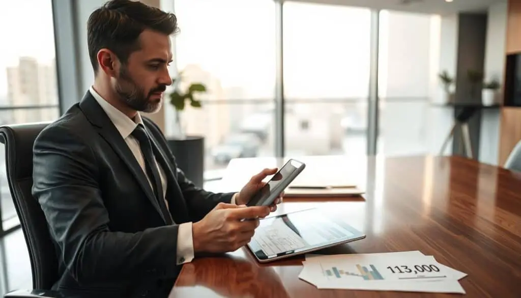 A professional insurance appraiser in a sleek modern office, analyzing data on a tablet while seated at a polished wooden desk. In the foreground, the appraiser, dressed in a tailored suit, displays a focused expression. In the middle ground, notes and charts depicting insurance valuation figures like "13,500 EUR" and "7,100 EUR" are visible, creating an atmosphere of financial analysis and professionalism. The background features large windows letting in soft, natural light, illuminating the space, with a cityscape view hinting at the urban setting. The scene conveys a serious yet calm mood, emphasizing expertise in insurance valuation. The composition is balanced, employing a shallow depth of field to keep the focus on the appraiser and the tablet, suggesting a dynamic moment of decision-making in the insurance process. A professional insurance appraiser in a sleek modern office, analyzing data on a tablet while seated at a polished wooden desk. In the foreground, the appraiser, dressed in a tailored suit, displays a focused expression. In the middle ground, notes and charts depicting insurance valuation figures like "13,500 EUR" and "7,100 EUR" are visible, creating an atmosphere of financial analysis and professionalism. The background features large windows letting in soft, natural light, illuminating the space, with a cityscape view hinting at the urban setting. The scene conveys a serious yet calm mood, emphasizing expertise in insurance valuation. The composition is balanced, employing a shallow depth of field to keep the focus on the appraiser and the tablet, suggesting a dynamic moment of decision-making in the insurance process.