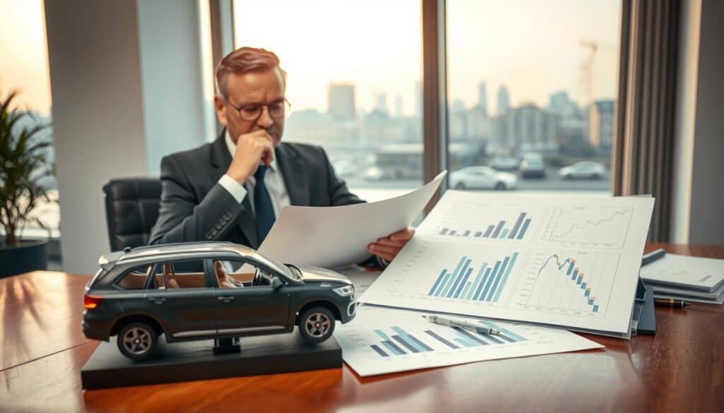 A professional insurance office interior setting, showcasing a calm ambiance. In the foreground, a polished wooden desk with a realistic model of a car accident scene, symbolizing communication damages. On the desk, documents with graphs and figures related to insurance claims are neatly arranged. In the middle, a well-dressed insurance agent, a middle-aged Caucasian male, is thoughtfully reviewing a claim file, displaying a serious expression. In the background, floor-to-ceiling windows reveal a subtle urban skyline of Germany under soft natural light, casting a warm atmosphere. The overall mood is serious yet professional, emphasizing the analytical aspect of insurance law in Germany. The image has a clean, well-lit quality, focusing on the theme of insurance claims. A professional insurance office interior setting, showcasing a calm ambiance. In the foreground, a polished wooden desk with a realistic model of a car accident scene, symbolizing communication damages. On the desk, documents with graphs and figures related to insurance claims are neatly arranged. In the middle, a well-dressed insurance agent, a middle-aged Caucasian male, is thoughtfully reviewing a claim file, displaying a serious expression. In the background, floor-to-ceiling windows reveal a subtle urban skyline of Germany under soft natural light, casting a warm atmosphere. The overall mood is serious yet professional, emphasizing the analytical aspect of insurance law in Germany. The image has a clean, well-lit quality, focusing on the theme of insurance claims.