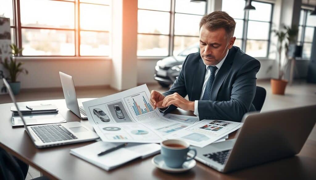 A professional insurance representative analyzing a vehicle damage report in a modern office setting. In the foreground, a focused individual in business attire scrutinizes detailed documents with visible vehicle assessments, surrounded by digital devices displaying data graphs. The middle ground features a contemporary desk with a laptop, insurance brochures, and a coffee cup, emphasizing a busy work environment. In the background, large windows allow natural light to filter in, casting soft shadows and creating an inviting atmosphere. The mood is serious yet professional, reflecting the importance of thorough analysis in the insurance claims process. The scene is captured from a slightly elevated angle, offering a comprehensive view of the workspace while maintaining clarity on the subject. A professional insurance representative analyzing a vehicle damage report in a modern office setting. In the foreground, a focused individual in business attire scrutinizes detailed documents with visible vehicle assessments, surrounded by digital devices displaying data graphs. The middle ground features a contemporary desk with a laptop, insurance brochures, and a coffee cup, emphasizing a busy work environment. In the background, large windows allow natural light to filter in, casting soft shadows and creating an inviting atmosphere. The mood is serious yet professional, reflecting the importance of thorough analysis in the insurance claims process. The scene is captured from a slightly elevated angle, offering a comprehensive view of the workspace while maintaining clarity on the subject.