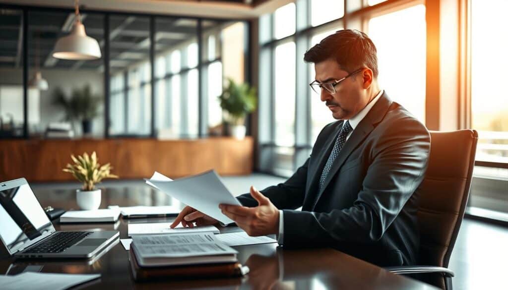 A professional legal advisor seated at a desk, reviewing documents related to insurance claims. In the foreground, a focused individual in a smart business suit examines legal papers under warm, soft lighting, exuding a sense of determination and diligence. In the middle ground, a neatly organized desk with legal books, a laptop displaying relevant information, and a small potted plant to add a touch of life. The background features a modern office with large windows, allowing natural light to filter in, reflecting a calm and professional atmosphere. The scene conveys an air of expertise and responsibility, symbolizing the importance of legal assistance when facing insurance disputes. A professional legal advisor seated at a desk, reviewing documents related to insurance claims. In the foreground, a focused individual in a smart business suit examines legal papers under warm, soft lighting, exuding a sense of determination and diligence. In the middle ground, a neatly organized desk with legal books, a laptop displaying relevant information, and a small potted plant to add a touch of life. The background features a modern office with large windows, allowing natural light to filter in, reflecting a calm and professional atmosphere. The scene conveys an air of expertise and responsibility, symbolizing the importance of legal assistance when facing insurance disputes.