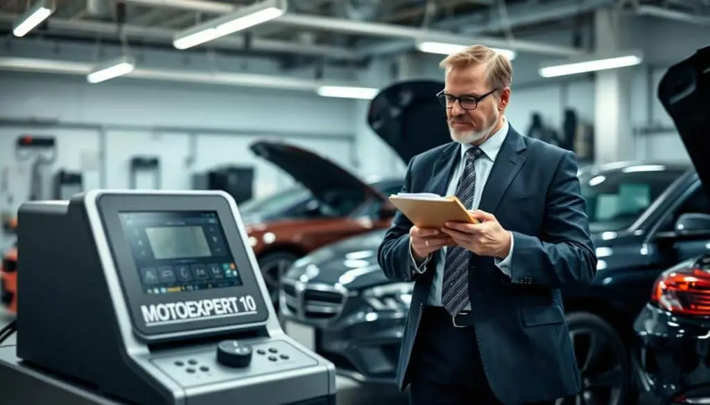 A professional-looking automotive appraisal setting featuring the MOTOEXPERT 10 equipment prominently displayed in the foreground. The machine is sleek and modern, showcasing its advanced features. In the middle ground, a well-dressed appraiser, in a tailored suit, is examining a vehicle with a focused expression, holding a clipboard and evaluating the car's condition. The background shows a well-lit garage with automotive tools and a few cars in various states of appraisal, creating an atmosphere of professionalism and expertise. The lighting is soft yet bright, highlighting the details of the MOTOEXPERT 10 and casting gentle shadows. The overall mood is one of competence and trust, capturing the essence of a reliable appraisal process. A professional-looking automotive appraisal setting featuring the MOTOEXPERT 10 equipment prominently displayed in the foreground. The machine is sleek and modern, showcasing its advanced features. In the middle ground, a well-dressed appraiser, in a tailored suit, is examining a vehicle with a focused expression, holding a clipboard and evaluating the car's condition. The background shows a well-lit garage with automotive tools and a few cars in various states of appraisal, creating an atmosphere of professionalism and expertise. The lighting is soft yet bright, highlighting the details of the MOTOEXPERT 10 and casting gentle shadows. The overall mood is one of competence and trust, capturing the essence of a reliable appraisal process.