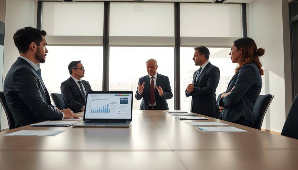 A professional meeting room with a large conference table in the foreground, set with documents and a laptop showing data analysis related to claims. In the middle, a diverse group of three business professionals, two men and one woman, dressed in formal business attire, are engaged in a serious discussion, gesturing towards the screen. The background features a large window allowing natural light to flood the room, casting soft shadows and creating a bright, focused atmosphere. The overall mood is tense yet constructive, emphasizing the importance of discussing insurance claims and refusals. Use a wide-angle lens to capture the room's layout, ensuring a clear view of the interaction among the professionals. A professional meeting room with a large conference table in the foreground, set with documents and a laptop showing data analysis related to claims. In the middle, a diverse group of three business professionals, two men and one woman, dressed in formal business attire, are engaged in a serious discussion, gesturing towards the screen. The background features a large window allowing natural light to flood the room, casting soft shadows and creating a bright, focused atmosphere. The overall mood is tense yet constructive, emphasizing the importance of discussing insurance claims and refusals. Use a wide-angle lens to capture the room's layout, ensuring a clear view of the interaction among the professionals.