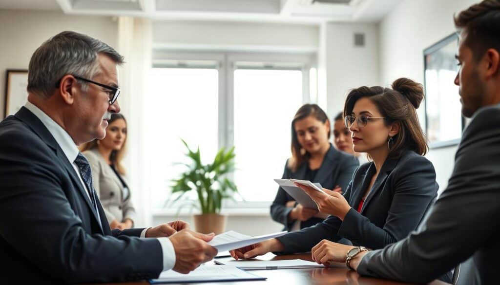 A professional negotiation scene in a well-lit office setting, showcasing a diverse group of individuals in business attire engaged in a discussion. In the foreground, a middle-aged man confidently presents documents on a table, while a woman across from him takes notes, her expression thoughtful yet assertive. The middle ground features a large window that lets in natural light, casting gentle shadows, and a potted plant adds a touch of greenery. In the background, a framed certificate on the wall emphasizes a professional atmosphere. The mood is tense yet focused, illustrating determination and strategy in negotiations with an insurance agent. Use a warm color palette to enhance the serious yet constructive vibe of the interaction. A professional negotiation scene in a well-lit office setting, showcasing a diverse group of individuals in business attire engaged in a discussion. In the foreground, a middle-aged man confidently presents documents on a table, while a woman across from him takes notes, her expression thoughtful yet assertive. The middle ground features a large window that lets in natural light, casting gentle shadows, and a potted plant adds a touch of greenery. In the background, a framed certificate on the wall emphasizes a professional atmosphere. The mood is tense yet focused, illustrating determination and strategy in negotiations with an insurance agent. Use a warm color palette to enhance the serious yet constructive vibe of the interaction.