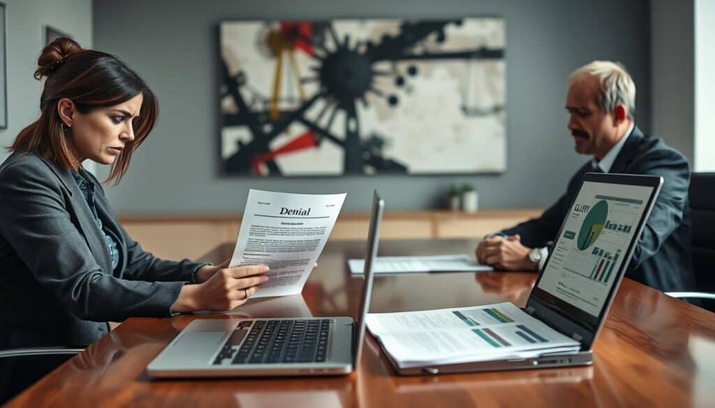 A professional office scene depicting a tense meeting between an insurance adjuster and a policyholder. In the foreground, the policyholder, a woman in business attire, looks frustrated and confused, holding a letter of denial while sitting across a polished conference table from the adjuster, a man in a sharp suit who appears impassive. In the middle ground, see an open laptop displaying charts and documents relevant to insurance claims. The lighting is bright but slightly harsh, creating a clinical atmosphere that reflects the stress of the situation. The background features blurred files and an abstract painting on the wall, symbolizing the complexity of insurance processes. Capture a mood of confrontation and determination, illustrating the struggle for justice in the face of denial. A professional office scene depicting a tense meeting between an insurance adjuster and a policyholder. In the foreground, the policyholder, a woman in business attire, looks frustrated and confused, holding a letter of denial while sitting across a polished conference table from the adjuster, a man in a sharp suit who appears impassive. In the middle ground, see an open laptop displaying charts and documents relevant to insurance claims. The lighting is bright but slightly harsh, creating a clinical atmosphere that reflects the stress of the situation. The background features blurred files and an abstract painting on the wall, symbolizing the complexity of insurance processes. Capture a mood of confrontation and determination, illustrating the struggle for justice in the face of denial.