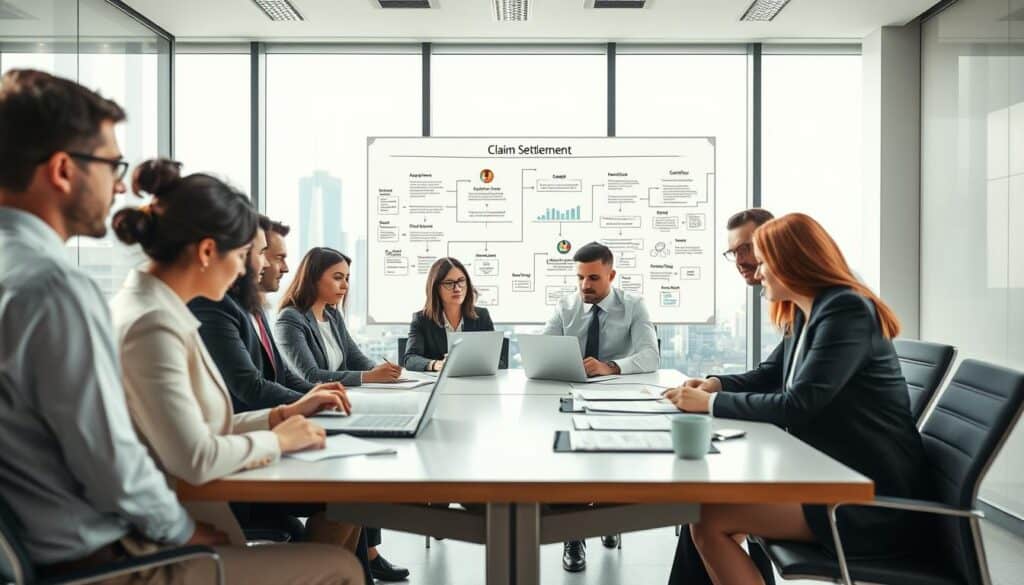 A professional office scene illustrating the "claim settlement process" in the insurance industry. In the foreground, a diverse team of insurance professionals, dressed in business attire, engaging in a focused discussion around a modern conference table, examining documents and a laptop displaying charts and graphs. In the middle, a whiteboard filled with flowcharts and key points related to claims processing, with a large window revealing a city skyline in the background. Soft, natural lighting floods the room, creating a bright and collaborative atmosphere. The overall mood is serious yet constructive, capturing the importance of communication and analysis in the role of insurers during the settlement process. A professional office scene illustrating the "claim settlement process" in the insurance industry. In the foreground, a diverse team of insurance professionals, dressed in business attire, engaging in a focused discussion around a modern conference table, examining documents and a laptop displaying charts and graphs. In the middle, a whiteboard filled with flowcharts and key points related to claims processing, with a large window revealing a city skyline in the background. Soft, natural lighting floods the room, creating a bright and collaborative atmosphere. The overall mood is serious yet constructive, capturing the importance of communication and analysis in the role of insurers during the settlement process.