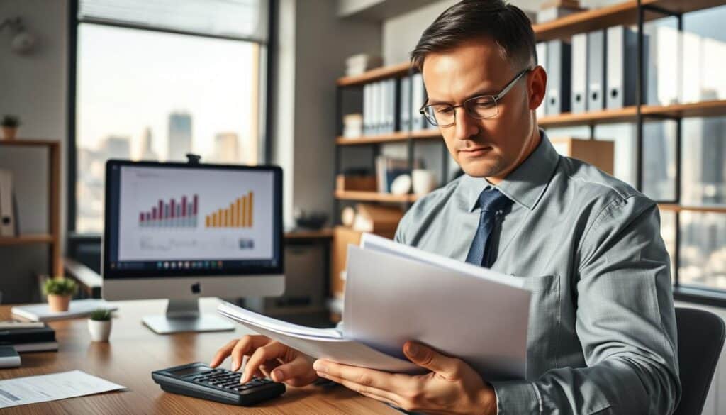 A professional office setting illustrates the "procedura likwidacji szkód." In the foreground, a focused insurance adjuster, dressed in formal business attire, examines a folder filled with documents, a calculator on the desk beside him. In the middle, a computer screen shows charts and graphs representing claims processing. The background features shelves with organized files, a large window that lets in natural light, casting soft shadows, and a cityscape view outside. The atmosphere is serious yet productive, reflecting diligence and professionalism in the claims settlement process. The lighting is bright but soft, emphasizing the clarity of the workspace. The angle is slightly overhead, capturing the adjuster’s concentrated expression and the organized chaos of the office. A professional office setting illustrates the "procedura likwidacji szkód." In the foreground, a focused insurance adjuster, dressed in formal business attire, examines a folder filled with documents, a calculator on the desk beside him. In the middle, a computer screen shows charts and graphs representing claims processing. The background features shelves with organized files, a large window that lets in natural light, casting soft shadows, and a cityscape view outside. The atmosphere is serious yet productive, reflecting diligence and professionalism in the claims settlement process. The lighting is bright but soft, emphasizing the clarity of the workspace. The angle is slightly overhead, capturing the adjuster’s concentrated expression and the organized chaos of the office.