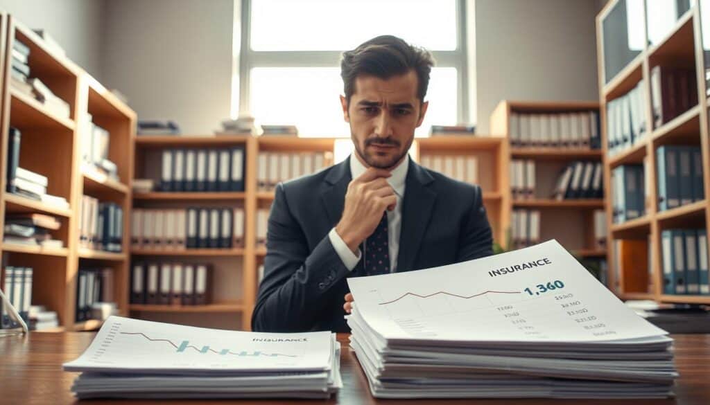 A professional office setting where a concerned individual in formal business attire is standing at a desk, reviewing financial documents related to insurance claims. In the foreground, there is a stack of papers with graphs and figures showing declining compensation amounts. The middle ground features a thoughtful expression on the person's face, suggesting worry about inadequate payouts. In the background, shelves filled with insurance books and a large window letting in natural light creates a warm, yet serious atmosphere. Soft, diffused lighting illuminates the scene, casting gentle shadows that enhance the contemplative mood. The angle is slightly above eye level, emphasizing both the documents and the individual's determination to address the issue of undercompensated claims. A professional office setting where a concerned individual in formal business attire is standing at a desk, reviewing financial documents related to insurance claims. In the foreground, there is a stack of papers with graphs and figures showing declining compensation amounts. The middle ground features a thoughtful expression on the person's face, suggesting worry about inadequate payouts. In the background, shelves filled with insurance books and a large window letting in natural light creates a warm, yet serious atmosphere. Soft, diffused lighting illuminates the scene, casting gentle shadows that enhance the contemplative mood. The angle is slightly above eye level, emphasizing both the documents and the individual's determination to address the issue of undercompensated claims.