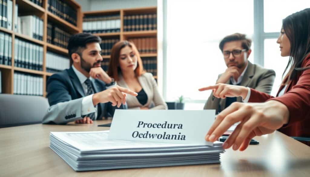 A professional office setting with a diverse group of three individuals engaged in a discussion around a table, focused on a stack of documents labeled "Procedura Odwołania." The foreground features a close-up of hands pointing to specific sections of the documents, displaying analytical gestures. The middle ground showcases the individuals—two in formal business attire and one in smart casual—expressing thoughtful expressions. The background includes bookshelves filled with legal books and a large window letting in soft, diffused natural light, creating a calm and focused atmosphere. The image is shot from a slightly elevated angle to emphasize collaboration and dialogue, while maintaining a professional mood suitable for a formal article. A professional office setting with a diverse group of three individuals engaged in a discussion around a table, focused on a stack of documents labeled "Procedura Odwołania." The foreground features a close-up of hands pointing to specific sections of the documents, displaying analytical gestures. The middle ground showcases the individuals—two in formal business attire and one in smart casual—expressing thoughtful expressions. The background includes bookshelves filled with legal books and a large window letting in soft, diffused natural light, creating a calm and focused atmosphere. The image is shot from a slightly elevated angle to emphasize collaboration and dialogue, while maintaining a professional mood suitable for a formal article.