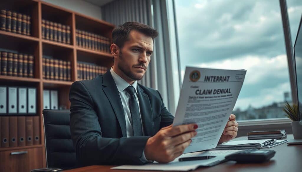 A professional office setting, with a somber atmosphere, depicting a male insurance adjuster in a smart business suit, seated behind a modern desk, reviewing a claim denial document. His expression is serious and contemplative. In the background, shelves with legal books and a large window showing a cloudy sky add to the mood of contemplation. The desk is cluttered with papers, a calculator, and a pen, emphasizing the complexity of insurance claims. Soft, diffused lighting creates a calm yet tense environment, while a low angle shot focuses on the adjuster’s intention to communicate the gravity of a claim rejection scenario. No other human figures, captions, or distractions in the image. A professional office setting, with a somber atmosphere, depicting a male insurance adjuster in a smart business suit, seated behind a modern desk, reviewing a claim denial document. His expression is serious and contemplative. In the background, shelves with legal books and a large window showing a cloudy sky add to the mood of contemplation. The desk is cluttered with papers, a calculator, and a pen, emphasizing the complexity of insurance claims. Soft, diffused lighting creates a calm yet tense environment, while a low angle shot focuses on the adjuster’s intention to communicate the gravity of a claim rejection scenario. No other human figures, captions, or distractions in the image.