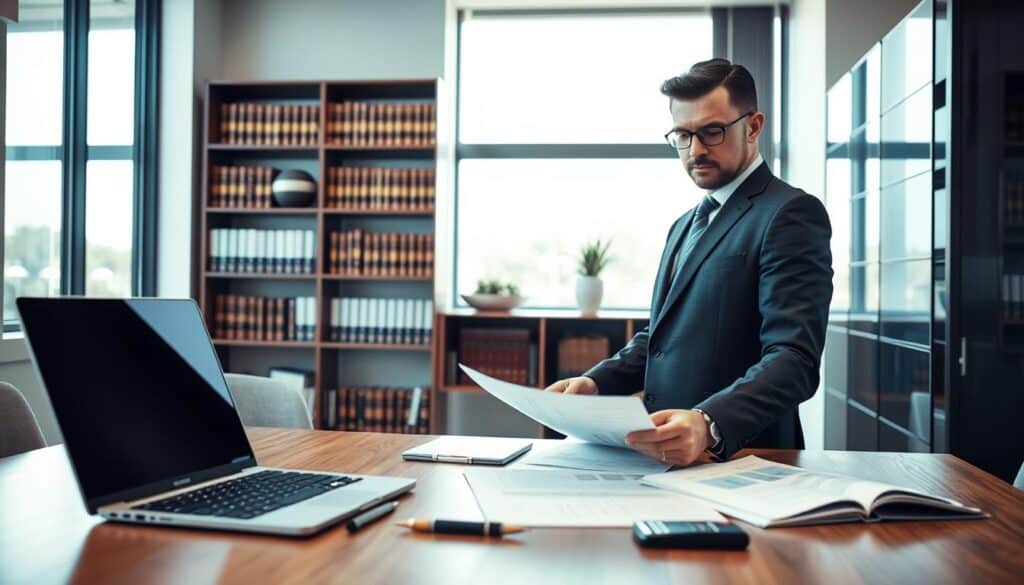 A professional real estate appraiser stands confidently at a modern office desk, examining property documents with a focused expression. He is dressed in a sharp business suit, emphasizing professionalism. In the foreground, an open laptop displays property valuation statistics, while a pen and a calculator rest nearby. The middle ground features a large window allowing natural light to flood the office, casting a warm, inviting ambiance. In the background, a sleek bookshelf filled with legal and real estate books adds depth, reinforcing the appraiser's expertise. The overall atmosphere is serious yet approachable, reflecting the importance of fair compensation rights for victims. The lighting is soft and balanced, accentuating the appraiser's concentration and ensuring a clear, detailed view of the scene.