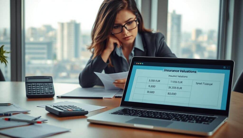 A professional scene depicting two insurance valuation scenarios. In the foreground, a neatly organized desk with a laptop open, showing a comparison spreadsheet labeled "Insurance Valuations" and two documents labeled "5,555 EUR" and "9,800 EUR." To the left, a calculator displaying figures and notes scattered around. In the middle, a confident businesswoman in smart attire analyzing the documents, her focused expression reflecting determination. In the background, a large window letting in soft, natural light, revealing an urban cityscape. The overall mood is one of diligence and professionalism, with a subtle sense of tension as the valuation dispute unfolds, conveying a critical decision-making atmosphere.