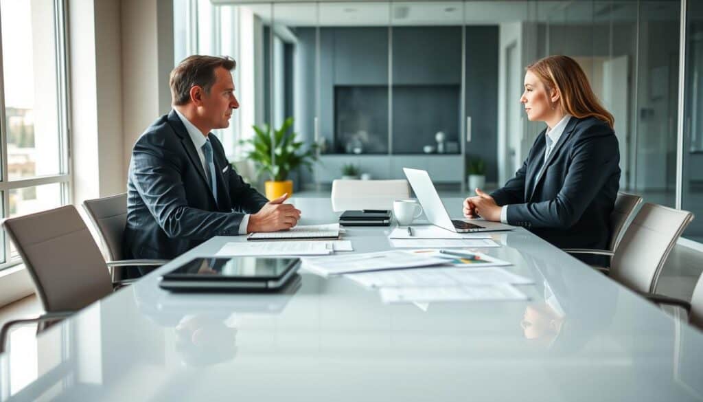 A professional setting depicting a negotiation scene between a client and an insurance representative. In the foreground, a well-dressed insurance agent, wearing a smart suit, sits across from a client dressed in business casual attire, both engaged in a serious discussion. The middle of the image features a sleek, modern conference table cluttered with insurance documents, a laptop, and a coffee cup, reflecting the tension of negotiation. In the background, a bright office environment with large windows allowing natural light to flood the space, creating a vibrant yet professional mood. The angle is slightly elevated, capturing the intensity of the conversation while ensuring the focus remains on the facial expressions and body language of both individuals, emphasizing the importance of the discussion. A professional setting depicting a negotiation scene between a client and an insurance representative. In the foreground, a well-dressed insurance agent, wearing a smart suit, sits across from a client dressed in business casual attire, both engaged in a serious discussion. The middle of the image features a sleek, modern conference table cluttered with insurance documents, a laptop, and a coffee cup, reflecting the tension of negotiation. In the background, a bright office environment with large windows allowing natural light to flood the space, creating a vibrant yet professional mood. The angle is slightly elevated, capturing the intensity of the conversation while ensuring the focus remains on the facial expressions and body language of both individuals, emphasizing the importance of the discussion.
