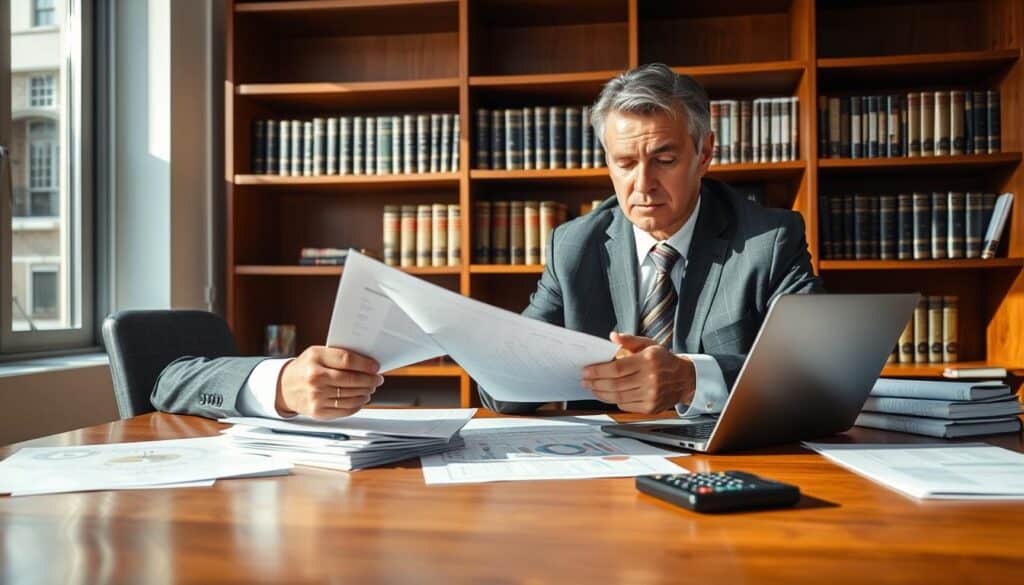 A professional setting focusing on the analysis of liquidation documents related to insurance claims. In the foreground, a well-dressed claims adjuster, a middle-aged Caucasian man, is reviewing a stack of papers on a polished wooden desk, equipped with a laptop and a calculator. The middle layer features charts and diagrams related to insurance assessments scattered around him. In the background, a bookshelf filled with legal texts and insurance policy books is softly lit. Natural light streams in from a large window, creating a bright and clear atmosphere: the mood is serious yet focused as the adjuster meticulously assesses documents. The image conveys professionalism, diligence, and the critical role of a claims adjuster in the liquidation process. A professional setting focusing on the analysis of liquidation documents related to insurance claims. In the foreground, a well-dressed claims adjuster, a middle-aged Caucasian man, is reviewing a stack of papers on a polished wooden desk, equipped with a laptop and a calculator. The middle layer features charts and diagrams related to insurance assessments scattered around him. In the background, a bookshelf filled with legal texts and insurance policy books is softly lit. Natural light streams in from a large window, creating a bright and clear atmosphere: the mood is serious yet focused as the adjuster meticulously assesses documents. The image conveys professionalism, diligence, and the critical role of a claims adjuster in the liquidation process.