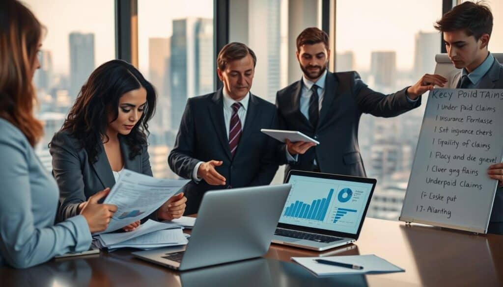 A professional setting illustrating "liquidation of damages," featuring a group of four business professionals in formal attire gathered around a conference table. In the foreground, a diverse woman is analyzing documents, while a middle-aged man gestures towards a laptop displaying graphs and charts related to insurance claims. In the middle ground, another professional takes notes with a focused expression, and the fourth person, a young man, points at a whiteboard filled with key points about underpaid claims. The background is an office with large windows showing a cityscape, illuminated by soft, natural sunlight spilling in. The atmosphere is serious and analytical, with a sense of urgency in the air as they discuss important financial matters. A professional setting illustrating "liquidation of damages," featuring a group of four business professionals in formal attire gathered around a conference table. In the foreground, a diverse woman is analyzing documents, while a middle-aged man gestures towards a laptop displaying graphs and charts related to insurance claims. In the middle ground, another professional takes notes with a focused expression, and the fourth person, a young man, points at a whiteboard filled with key points about underpaid claims. The background is an office with large windows showing a cityscape, illuminated by soft, natural sunlight spilling in. The atmosphere is serious and analytical, with a sense of urgency in the air as they discuss important financial matters.