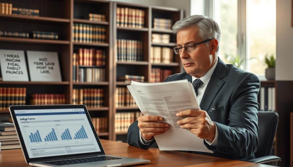 A professional setting illustrating the obligations of a victim in an insurance claim process. In the foreground, a focused middle-aged individual in business attire, holding a file of documents, appears contemplative while seated at a desk. In the middle, a laptop displays a detailed claim form with graphs indicating financial statistics. In the background, a soft-focus office environment conveys a sense of structured professionalism, with bookshelves filled with legal texts and motivational quotes. Natural light streams in from a window, casting soft shadows and creating an inviting atmosphere. The overall mood is serious and informative, emphasizing responsibility and attention to detail in the claims process. A professional setting illustrating the obligations of a victim in an insurance claim process. In the foreground, a focused middle-aged individual in business attire, holding a file of documents, appears contemplative while seated at a desk. In the middle, a laptop displays a detailed claim form with graphs indicating financial statistics. In the background, a soft-focus office environment conveys a sense of structured professionalism, with bookshelves filled with legal texts and motivational quotes. Natural light streams in from a window, casting soft shadows and creating an inviting atmosphere. The overall mood is serious and informative, emphasizing responsibility and attention to detail in the claims process.