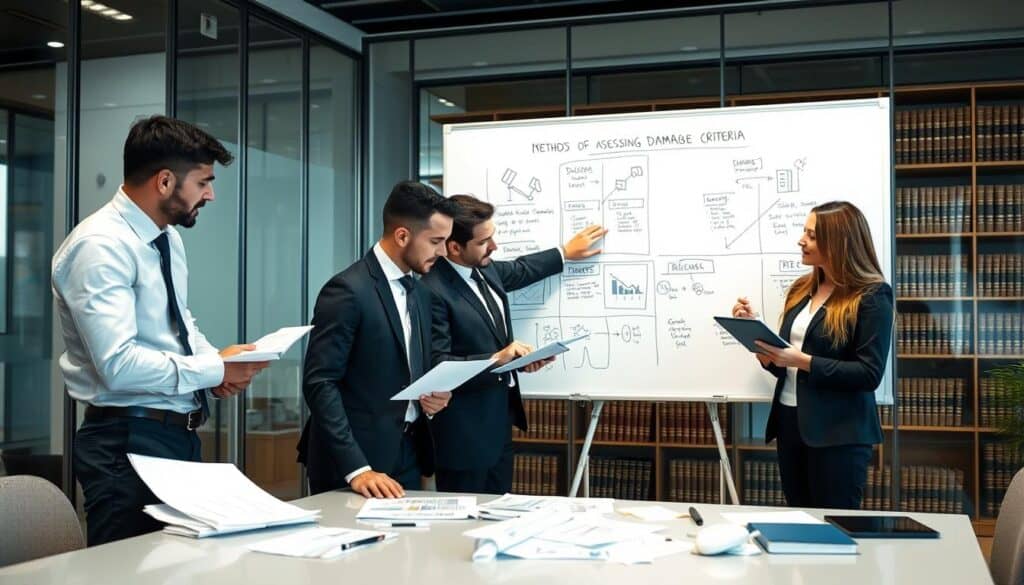 A professional setting illustrating the process of determining the value of an insurance claim, focusing on "methods of assessing damage." In the foreground, a diverse group of four professionals in business attire, analyzing documents and charts, one pointing to a tablet showing data metrics. In the middle ground, a large whiteboard filled with diagrams and notes on damage assessment criteria. The background features a modern office environment with glass walls and shelves of legal books, creating a sense of authority. Soft, diffused lighting highlights the seriousness of the discussion, casting gentle shadows. The mood is focused and analytical, conveying the importance of the verification criteria in insurance claims. A professional setting illustrating the process of determining the value of an insurance claim, focusing on "methods of assessing damage." In the foreground, a diverse group of four professionals in business attire, analyzing documents and charts, one pointing to a tablet showing data metrics. In the middle ground, a large whiteboard filled with diagrams and notes on damage assessment criteria. The background features a modern office environment with glass walls and shelves of legal books, creating a sense of authority. Soft, diffused lighting highlights the seriousness of the discussion, casting gentle shadows. The mood is focused and analytical, conveying the importance of the verification criteria in insurance claims.