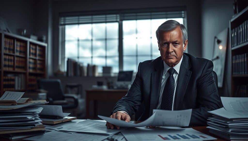 A somber office setting illuminated by soft, diffused lighting. In the foreground, a business professional in formal attire, a middle-aged man with a concerned expression, sits at a desk cluttered with documents and paperwork related to insurance claims. Papers are spread out, with visible figures and graphs suggesting financial calculations. In the middle ground, a large window reveals a cloudy sky, symbolizing uncertainty and frustration. The background is adorned with shelves filled with books and legal references, emphasizing the seriousness of the situation. The overall atmosphere is tense yet professional, conveying a sense of urgency and the complexities of dealing with undercompensated claims. The image should evoke a feeling of contemplation and concern regarding insurance compensation issues.