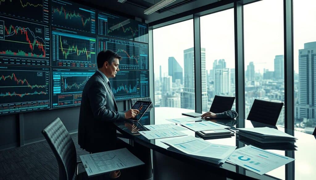 A sophisticated office environment filled with large computer screens displaying complex market data and charts. In the foreground, a business professional in smart attire analyzes graphs on a touchscreen, his expression focused and thoughtful. The middle ground features a modern conference table with financial reports and documents scattered across it, highlighting detailed analyses and projections. The background includes large windows offering a view of a bustling city skyline, with soft, natural light flooding the room. The overall mood is one of intensity and diligence, suggesting deep market analysis and strategic thinking. Capture this in a realistic style with clear details and a crisp, professional atmosphere. A sophisticated office environment filled with large computer screens displaying complex market data and charts. In the foreground, a business professional in smart attire analyzes graphs on a touchscreen, his expression focused and thoughtful. The middle ground features a modern conference table with financial reports and documents scattered across it, highlighting detailed analyses and projections. The background includes large windows offering a view of a bustling city skyline, with soft, natural light flooding the room. The overall mood is one of intensity and diligence, suggesting deep market analysis and strategic thinking. Capture this in a realistic style with clear details and a crisp, professional atmosphere.