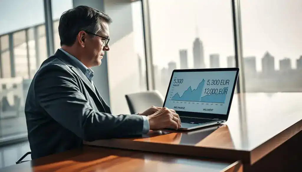 A visually striking image depicting a professional insurance appraiser at a sleek, modern office desk, analyzing two contrasting insurance valuations: 5,300 EUR and 12,000 EUR, represented by elegant, clear graphs on a laptop screen. The office is well-lit with natural light streaming through large windows, casting soft shadows on a polished wooden desk. In the foreground, focus on the appraiser, a middle-aged professional in business attire, deeply engaged in his work. In the background, abstract city skyline silhouettes add depth, symbolizing the broader market context. Capture a sense of seriousness and precision in the atmosphere, emphasizing the importance of accurate pricing in the insurance industry. Use a shallow depth of field to keep the appraiser in sharp focus while softly blurring the background. A visually striking image depicting a professional insurance appraiser at a sleek, modern office desk, analyzing two contrasting insurance valuations: 5,300 EUR and 12,000 EUR, represented by elegant, clear graphs on a laptop screen. The office is well-lit with natural light streaming through large windows, casting soft shadows on a polished wooden desk. In the foreground, focus on the appraiser, a middle-aged professional in business attire, deeply engaged in his work. In the background, abstract city skyline silhouettes add depth, symbolizing the broader market context. Capture a sense of seriousness and precision in the atmosphere, emphasizing the importance of accurate pricing in the insurance industry. Use a shallow depth of field to keep the appraiser in sharp focus while softly blurring the background.