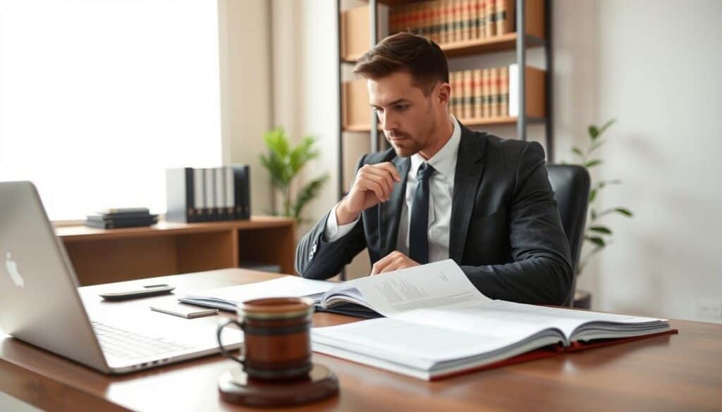A well-dressed, professional individual seated at a modern desk in an office environment, reviewing legal documents related to insurance claims. The foreground features a meticulously organized workspace with files, a laptop, and a cup of coffee. In the middle, the person appears deep in thought, highlighting a sense of determination and seriousness regarding their rights in the claims process. The background shows a large window with natural light flooding the room, creating a warm and inviting atmosphere. Subtle details like a bookshelf filled with law books and a potted plant add depth. The overall mood is reflective and focused, with soft lighting emphasizing the importance of the topic at hand. A well-dressed, professional individual seated at a modern desk in an office environment, reviewing legal documents related to insurance claims. The foreground features a meticulously organized workspace with files, a laptop, and a cup of coffee. In the middle, the person appears deep in thought, highlighting a sense of determination and seriousness regarding their rights in the claims process. The background shows a large window with natural light flooding the room, creating a warm and inviting atmosphere. Subtle details like a bookshelf filled with law books and a potted plant add depth. The overall mood is reflective and focused, with soft lighting emphasizing the importance of the topic at hand.