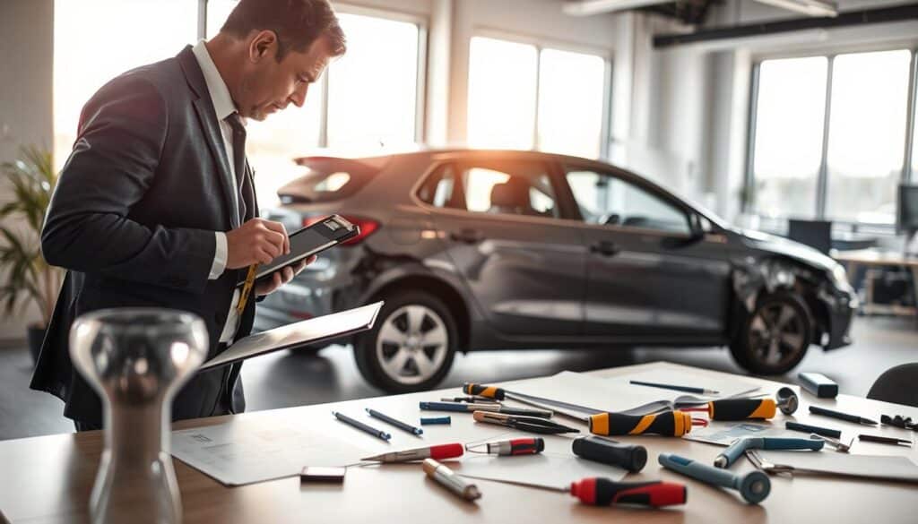 A well-lit office environment showcasing a professional insurance adjuster examining a damaged vehicle. In the foreground, the adjuster, dressed in business attire, is inspecting the vehicle's bodywork with a clipboard and a measuring tape, concentrating intently on the details. The middle shows a damaged car with noticeable dents and scratches, surrounded by various tools and documentation scattered on a desk nearby. The background features a large window allowing soft, natural light to filter in, creating a calm, optimistic atmosphere that suggests hope and the possibility of resolution. Use a shallow depth of field to keep the focus on the adjuster and the car, evoking professionalism and attention to detail. A well-lit office environment showcasing a professional insurance adjuster examining a damaged vehicle. In the foreground, the adjuster, dressed in business attire, is inspecting the vehicle's bodywork with a clipboard and a measuring tape, concentrating intently on the details. The middle shows a damaged car with noticeable dents and scratches, surrounded by various tools and documentation scattered on a desk nearby. The background features a large window allowing soft, natural light to filter in, creating a calm, optimistic atmosphere that suggests hope and the possibility of resolution. Use a shallow depth of field to keep the focus on the adjuster and the car, evoking professionalism and attention to detail.