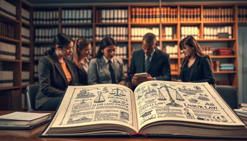 An intricate illustration representing the theme of insurance law regulations. In the foreground, a diverse group of business professionals in smart attire, deeply engaged in discussion while reviewing legal documents related to insurance claims. In the middle ground, a large open law book adorned with intricate illustrations of scales of justice and legal symbols, symbolizing the complexity of insurance law. The background features a subtle office environment, with shelves lined with legal texts and books, casting soft, warm lighting that creates an atmosphere of seriousness and focus. The mood is informative and analytical, reflecting the gravity of regulations affecting insurance payouts. The lens captures a clear perspective, emphasizing the importance of understanding legal nuances in insurance claims. An intricate illustration representing the theme of insurance law regulations. In the foreground, a diverse group of business professionals in smart attire, deeply engaged in discussion while reviewing legal documents related to insurance claims. In the middle ground, a large open law book adorned with intricate illustrations of scales of justice and legal symbols, symbolizing the complexity of insurance law. The background features a subtle office environment, with shelves lined with legal texts and books, casting soft, warm lighting that creates an atmosphere of seriousness and focus. The mood is informative and analytical, reflecting the gravity of regulations affecting insurance payouts. The lens captures a clear perspective, emphasizing the importance of understanding legal nuances in insurance claims.