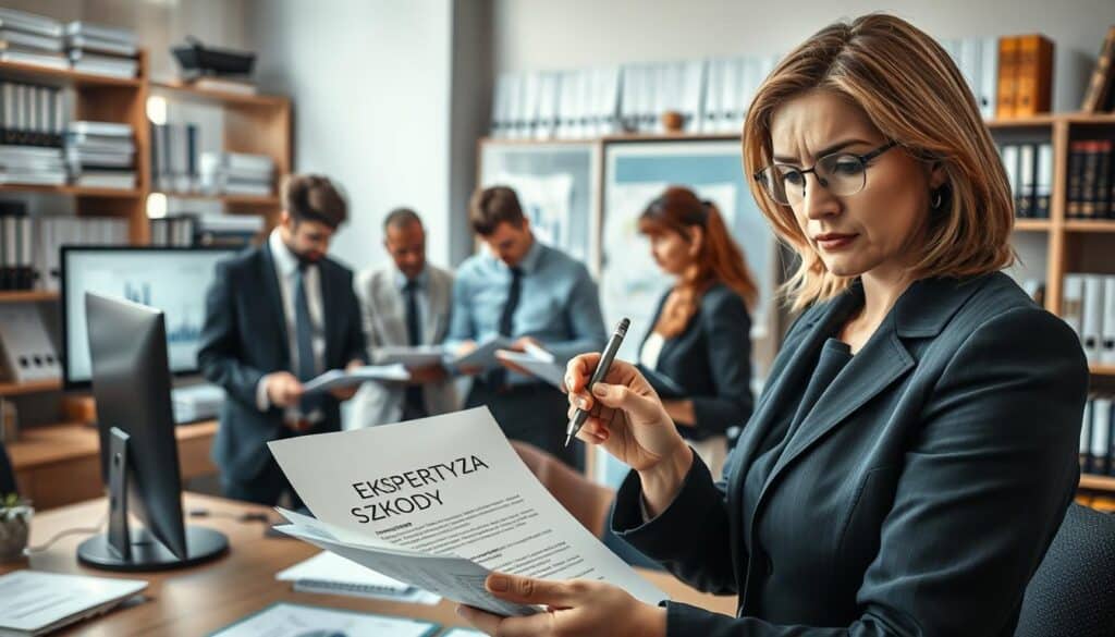 An office environment depicting a professional setting focused on insurance and legal discussions. In the foreground, a poised, middle-aged woman in business attire is analyzing a document labeled "Ekspertyza Szkody," pointing to specific clauses with a pen, her expression serious and focused. In the middle, a diverse mix of professionals, including a man reviewing legal texts and another woman looking at a computer screen with graphs and charts, suggests a collaborative working atmosphere. In the background, shelves filled with legal books and certificates create a scholarly backdrop, while soft, diffused natural light enters through a window, casting gentle shadows. The mood conveys a sense of urgency and determination, highlighting the importance of understanding legal regulations. An office environment depicting a professional setting focused on insurance and legal discussions. In the foreground, a poised, middle-aged woman in business attire is analyzing a document labeled "Ekspertyza Szkody," pointing to specific clauses with a pen, her expression serious and focused. In the middle, a diverse mix of professionals, including a man reviewing legal texts and another woman looking at a computer screen with graphs and charts, suggests a collaborative working atmosphere. In the background, shelves filled with legal books and certificates create a scholarly backdrop, while soft, diffused natural light enters through a window, casting gentle shadows. The mood conveys a sense of urgency and determination, highlighting the importance of understanding legal regulations.