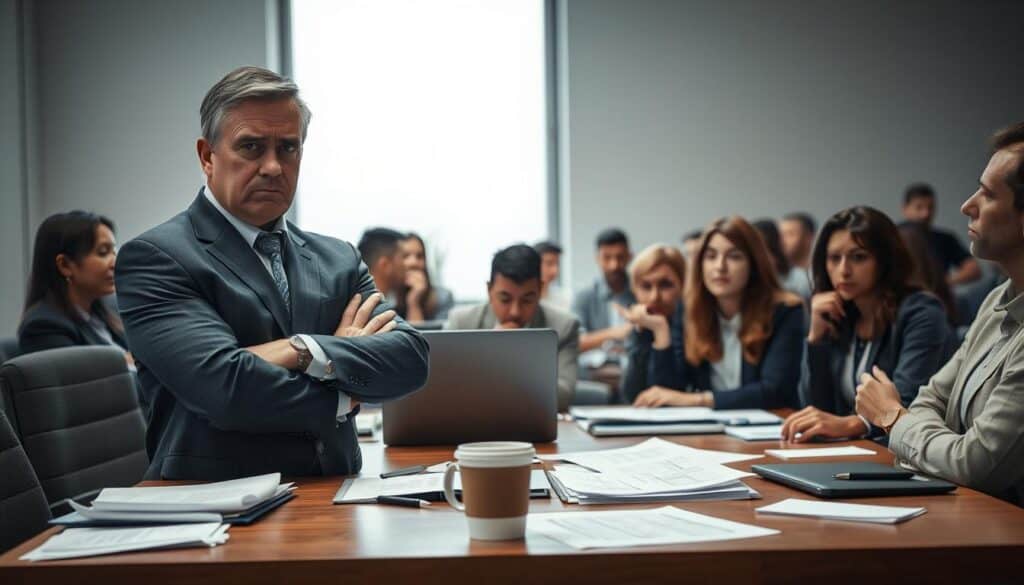 A business meeting room filled with dissatisfied customers, showcasing frustration and disappointment on their faces. In the foreground, a middle-aged man in a suit with crossed arms frowns, while a young woman beside him gestures with an expression of disbelief. In the middle, a crowded table displays scattered documents and a laptop, with an unused coffee cup indicating an unresolved issue. In the background, an overcast window allows soft diffused light to flow in, casting a somber atmosphere throughout the space. The composition highlights the tension and dissatisfaction among the clients, encapsulating the idea of customer discontent as an indicator of industry problems. The setting emphasizes professionalism, portraying the seriousness of their concerns. A business meeting room filled with dissatisfied customers, showcasing frustration and disappointment on their faces. In the foreground, a middle-aged man in a suit with crossed arms frowns, while a young woman beside him gestures with an expression of disbelief. In the middle, a crowded table displays scattered documents and a laptop, with an unused coffee cup indicating an unresolved issue. In the background, an overcast window allows soft diffused light to flow in, casting a somber atmosphere throughout the space. The composition highlights the tension and dissatisfaction among the clients, encapsulating the idea of customer discontent as an indicator of industry problems. The setting emphasizes professionalism, portraying the seriousness of their concerns.