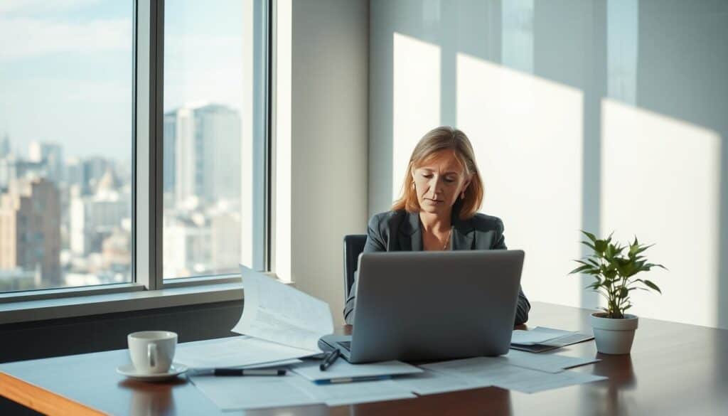 A calm, professional office setting with an insurance agent sitting at a desk, reviewing documents related to denied claims. The agent, a middle-aged woman in a smart business suit, appears focused and contemplative, with a laptop open and papers scattered across the desk. In the background, a large window reveals a bustling cityscape outside, suggesting a busy insurance firm. Soft, natural light filters through the glass, casting gentle shadows in the room, evoking a mood of seriousness and contemplation. On the desk, a coffee cup and a small potted plant add a personal touch, emphasizing the daily life of insurance professionals navigating complex situations. A calm, professional office setting with an insurance agent sitting at a desk, reviewing documents related to denied claims. The agent, a middle-aged woman in a smart business suit, appears focused and contemplative, with a laptop open and papers scattered across the desk. In the background, a large window reveals a bustling cityscape outside, suggesting a busy insurance firm. Soft, natural light filters through the glass, casting gentle shadows in the room, evoking a mood of seriousness and contemplation. On the desk, a coffee cup and a small potted plant add a personal touch, emphasizing the daily life of insurance professionals navigating complex situations.
