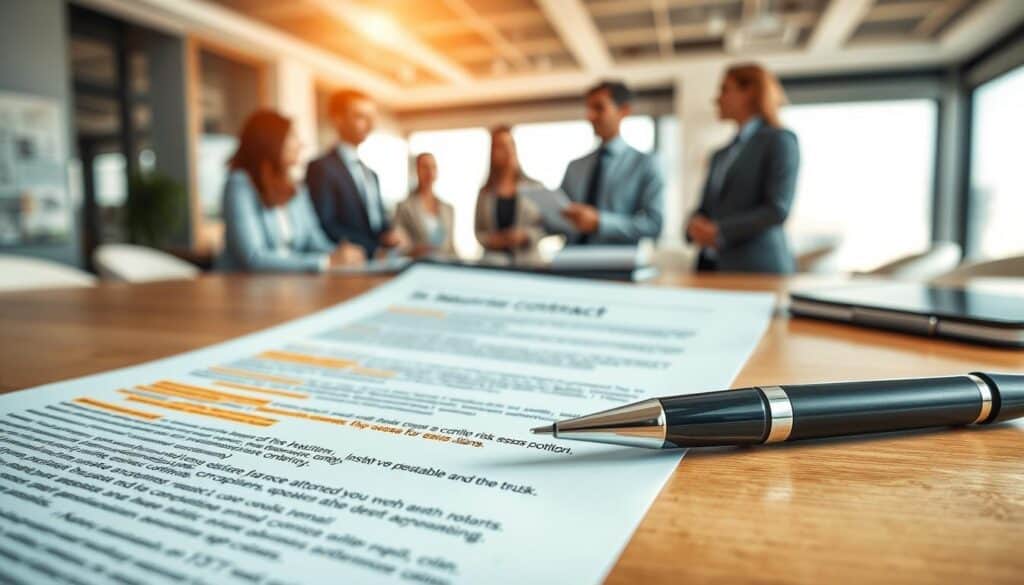 A close-up view of a detailed insurance contract laying open on a wooden desk, showcasing highlighted sections that emphasize key terms and conditions. In the foreground, a sleek, modern pen rests beside the contract, hinting at a signing moment. In the middle background, soft-focus images of a diverse group of business professionals dressed in professional attire are engaged in a discussion around risk assessment and claims, looking serious and concentrated. The background features a blurred office environment with sunlight streaming in, casting warm tones that create an atmosphere of transparency and trust. The composition should evoke a sense of professionalism, clarity, and caution associated with understanding insurance agreements. A close-up view of a detailed insurance contract laying open on a wooden desk, showcasing highlighted sections that emphasize key terms and conditions. In the foreground, a sleek, modern pen rests beside the contract, hinting at a signing moment. In the middle background, soft-focus images of a diverse group of business professionals dressed in professional attire are engaged in a discussion around risk assessment and claims, looking serious and concentrated. The background features a blurred office environment with sunlight streaming in, casting warm tones that create an atmosphere of transparency and trust. The composition should evoke a sense of professionalism, clarity, and caution associated with understanding insurance agreements.