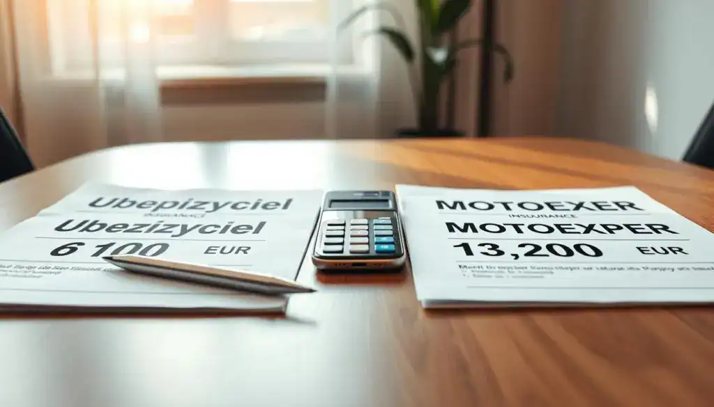 A close-up view of a table showcasing two insurance quotes side by side: "Ubezpieczyciel 6 100 EUR" and "MOTOEXPERT 13 200 EUR". The foreground features sleek, modern documents with detailed numerical data and a pen. In the middle, a small calculator and a smartphone displaying graphs can be seen, symbolizing data comparison. The background is softly blurred, emphasizing a professional office setting with a warm ambient light filtering through a window, casting gentle shadows. The atmosphere is one of analytical focus, highlighting the comparison of these two insurance options. The image reflects clarity and professionalism, inviting the viewer to contemplate the merits and drawbacks.